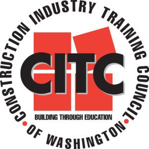 CITC Logo of the Construction Industry Training Council of Washington, featuring red and black text "CITC" with the motto "Building Through Education" below. The Council name encircles the logo.